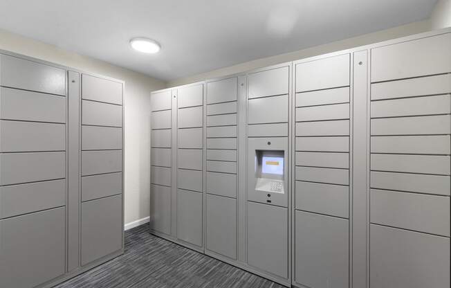 a row of grey Package receiving lockers in a room with a carpet and overhead lighting at Park Edmonds Apartment Homes, Edmonds, 98026