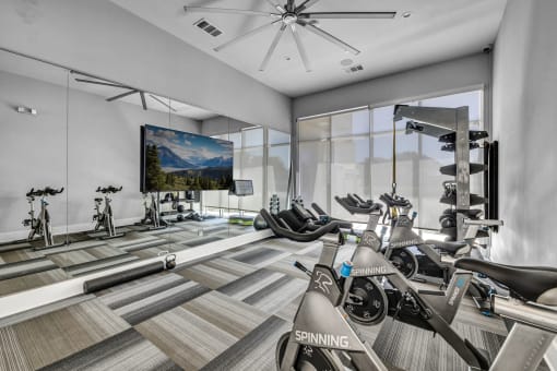 a gym with cardio machines and a flat screen tv