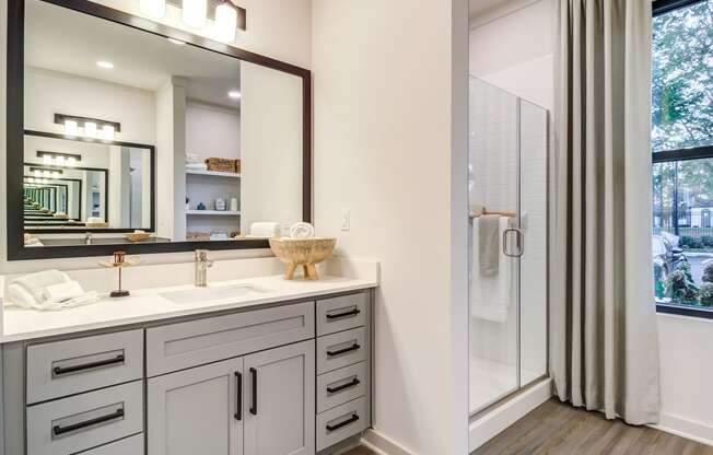 Huntsville, AL, Luxury Apartments - The Collins - Bathroom With Wood-Style Flooring, A Large Vanity Mirror, White Cabinets, White Quartz Countertop, A Walk-In Shower, And A Large Window