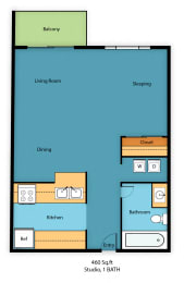 Studio, 1 bath, 480 sqft, $1,614