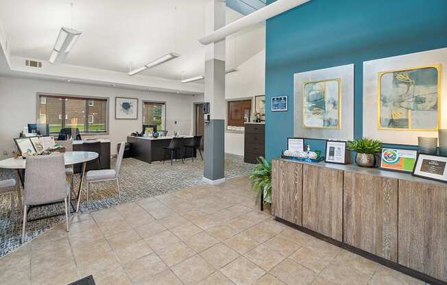 Leasing office lobby at Stone Ends apartments in Stoughton, MA