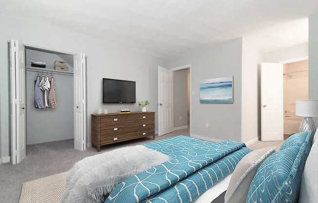 A bedroom with a bed, dresser, and a painting on the wall.