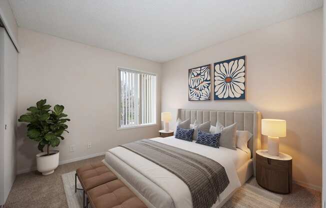 the preserve at ballantyne commons bedroom with large bed and window at Vineyard Terrace Apartments, California, 94558