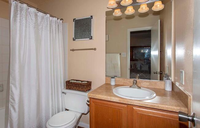 a room with a sink mirror and shower curtain