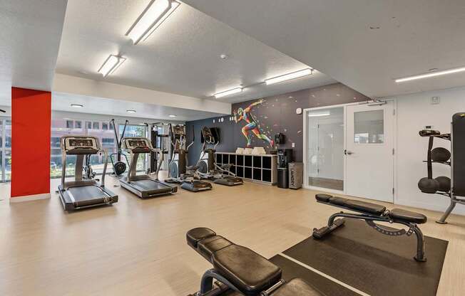 a gym with cardio machines and weights on a wooden floor