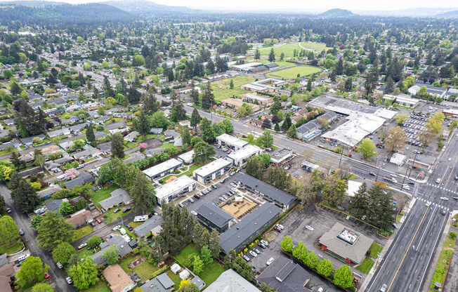 A bird's eye view of a city with a large building in the center.