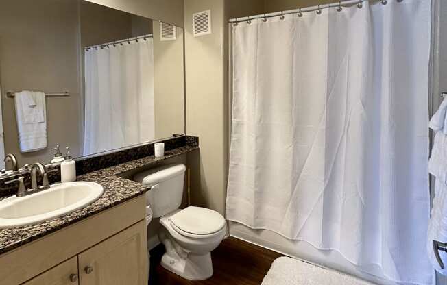 a bathroom with a shower and a sink and a toilet