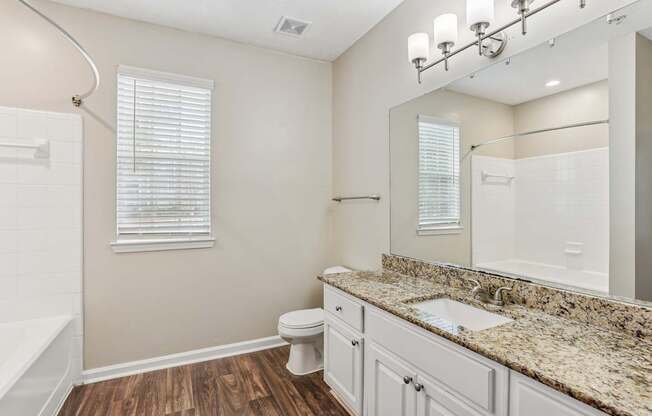 A bathroom with a toilet, sink, and mirror.