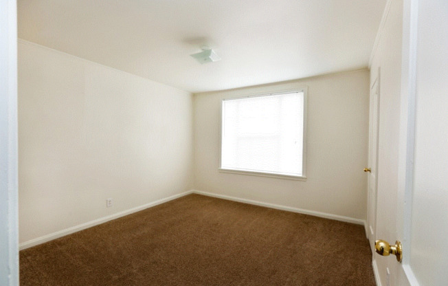 a room with a carpeted floor and a window