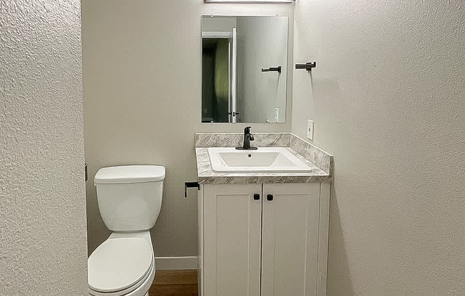 A white toilet sits next to a sink in a small bathroom.