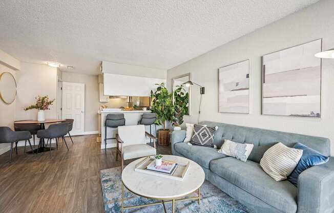 A living room with a grey couch, a coffee table, and a dining table with chairs.