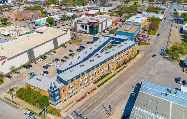 an aerial view of a building in a city