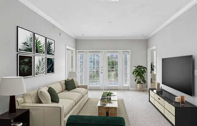 A living room with a couch, a coffee table, a lamp, and a television.