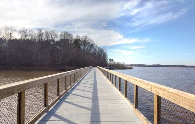 A wooden boardwalk extends into the distance over a body of water.