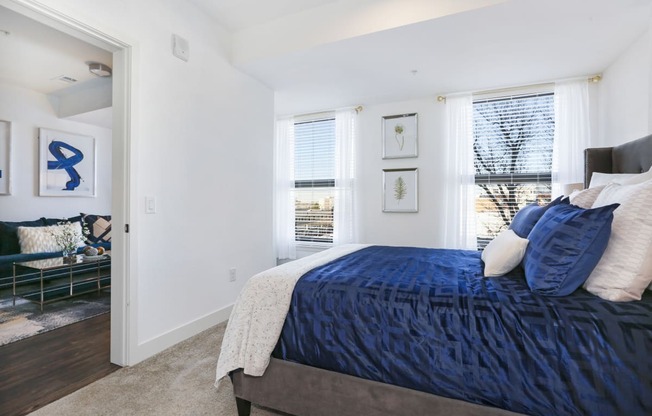 a bedroom with a blue bed and two windows