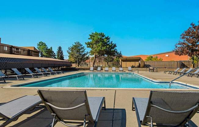 Sparkling Swimming Pool and Sun Deck at Franklin River Apartments in Southfield, MI