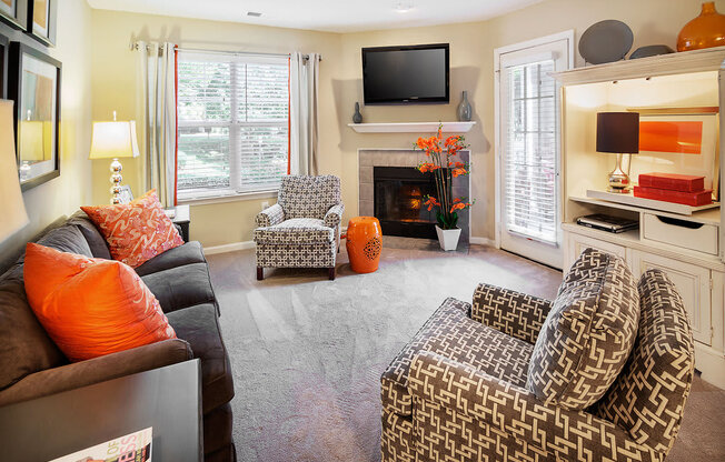 A living room with a fireplace and a television.