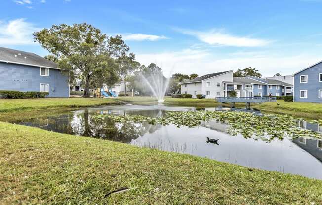 a pond with a fountain in the middle of some houses