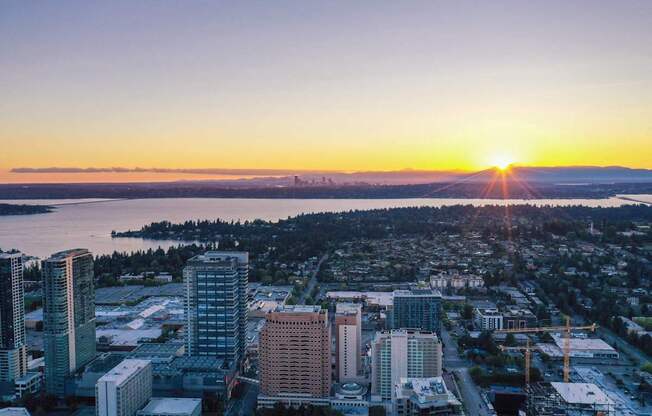 A cityscape with buildings and a sunset in the background.