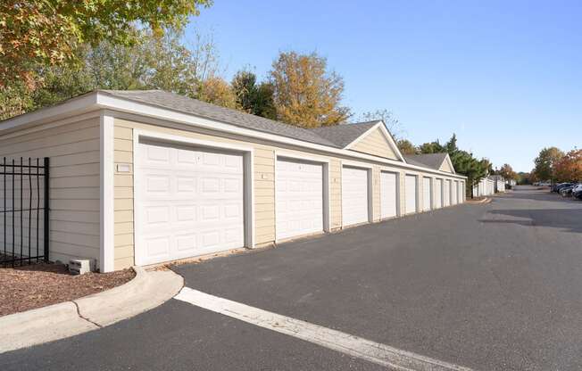 A row of garages with a clear blue sky above.