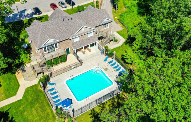 Aerial View of Pool and Clubhouse at Tall Oaks Apartment Homes, Kalamazoo, MI, 49009