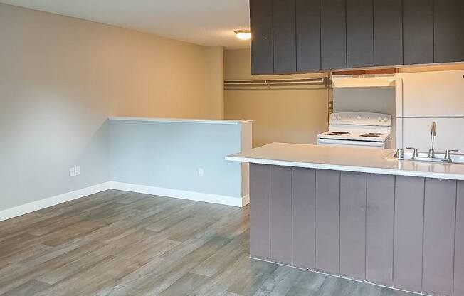 A kitchen with a white counter and a stove top oven.