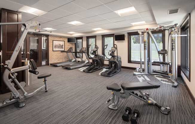 View of the fitness center at The Whitley apartments.