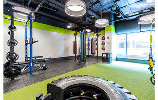 a large tire in a gym with green flooring and a white wall with a window at Shearwood Station, New Rochelle, New York