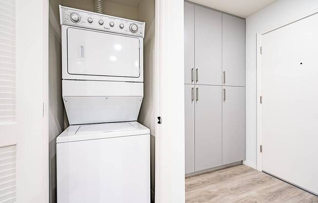 Washer and Dryer in Unit, wood inspired flooring