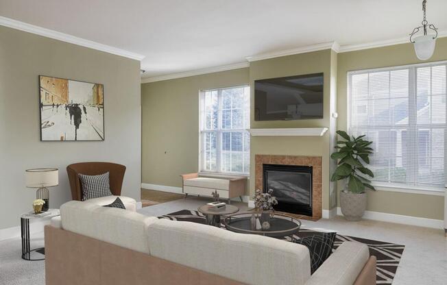 a living room filled with furniture and a large window