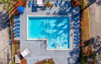 an aerial view of a swimming pool with chairs around it