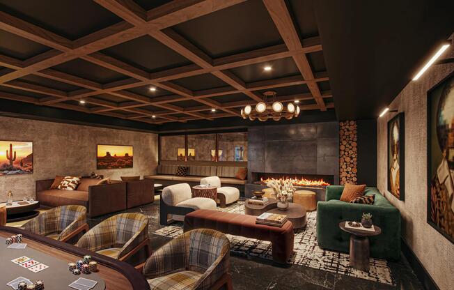A moody hidden lounge with layered seating, game tables, and a fireplace that anchors the gathering space.