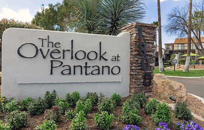 The Overlook at Pantano sign in front of a building.
