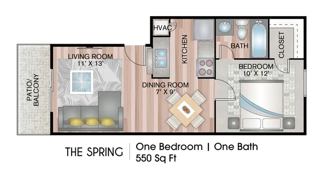 1 bed, 1 bath, 550 sqft, $745
