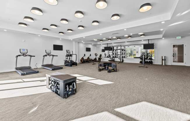 a gym with treadmills and other exercise equipment in a large room