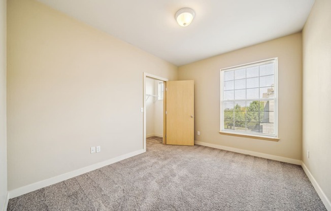 A room with a carpeted floor, a door, and a window.