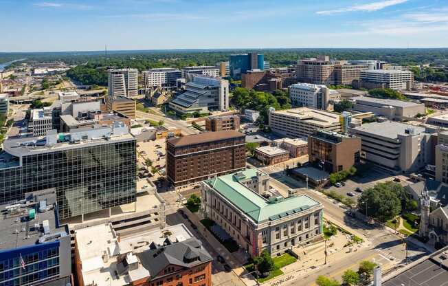 a view of the city of Grand Rapids with The Lofts @ 5 Lyon in the middle of Downtown