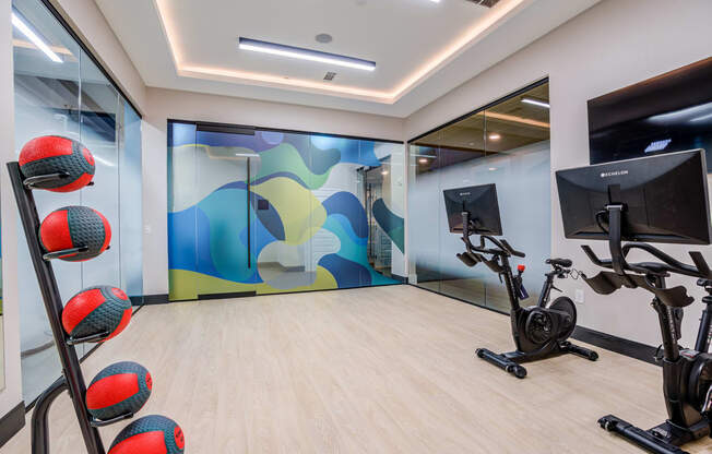a gym with exercise equipment and a colorful mural on the wall