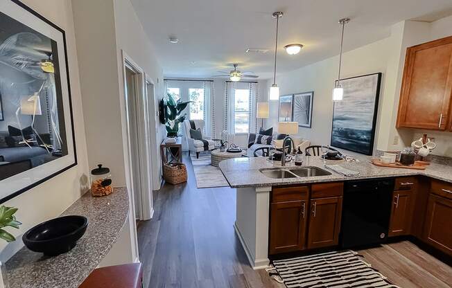 Open living area kitchen looking into bedroom at Two Addison Place Apartments , Pooler, GA, 31322