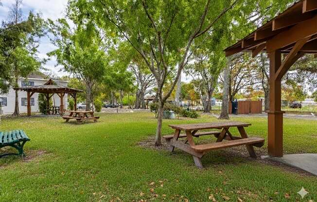 A wooden picnic table sits under a tree in a park.