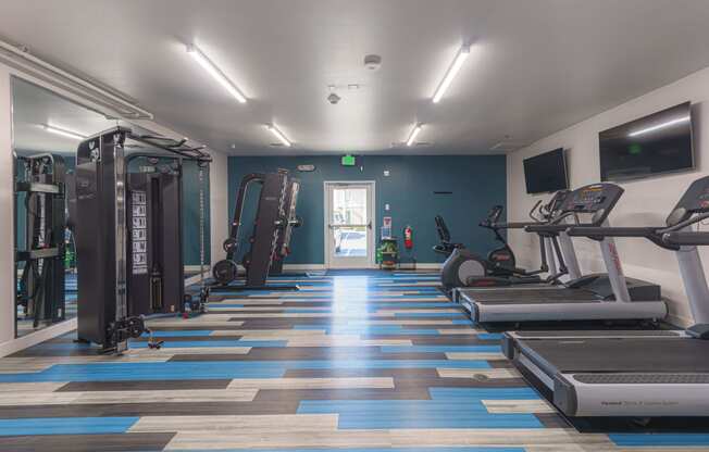 a gym with cardio machines and weights on a checkered floor