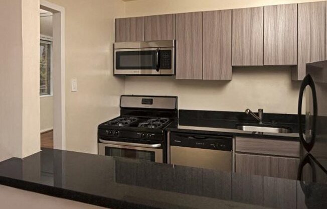 apartment kitchen with modern cabinets and stainless steel appliances