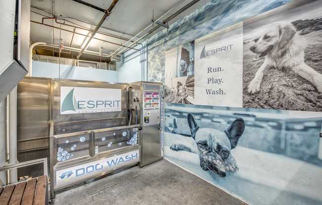 A dog washing station with a sign that says at Esprit Marina del Rey, 90292
