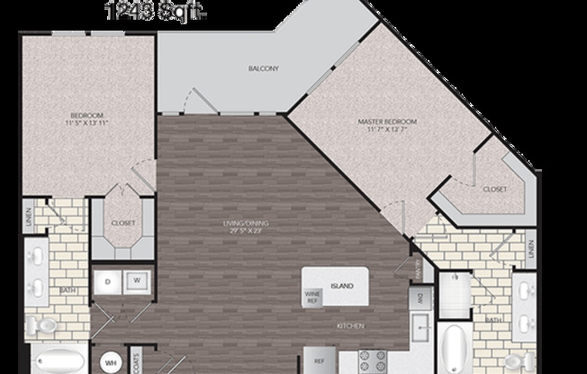 2 beds, 2 baths, 1,243 sqft, $1,635