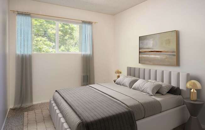 A bedroom with a large bed and a painting on the wall.