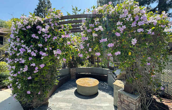 a courtyard with two large purple flowers and a fountain