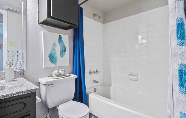 a bathroom with a white toilet next to a white bathtub