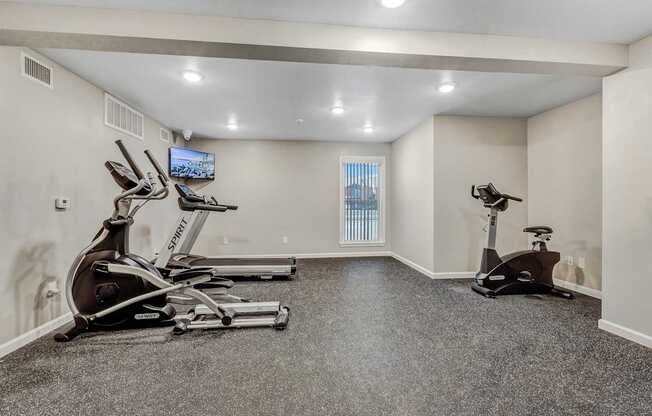 A spacious home gym with a television and exercise equipment.