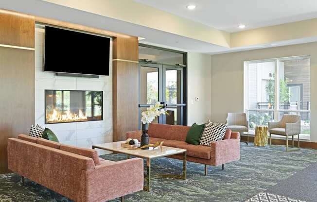 Fireside lounge at Nuvelo at Parkside Apartments in Apple Valley