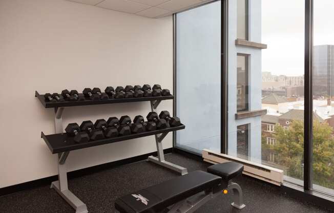 a fitness room with weights and a window